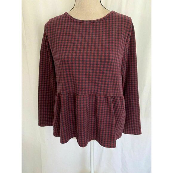 Zara Womens Burgundy Red Black Checked Long Sleeve Sweater Top Large - Picture 1 of 6